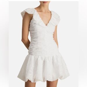 ML Monique Lhuillier  White Cocktail Party Dress with Puff Cap Sleeves